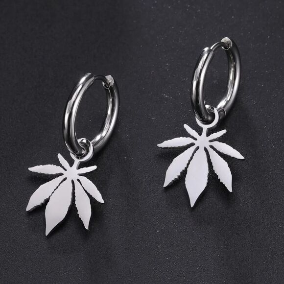 Silver Weed Leaf Hoop Earrings Hypoallergenic‎ Stainless Steel Marijuana - Picture 1 of 5